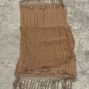 Sue Wong 100% Silk Scarf Shawl Large Brown Silver Sheer Lace Hand Beaded New #40